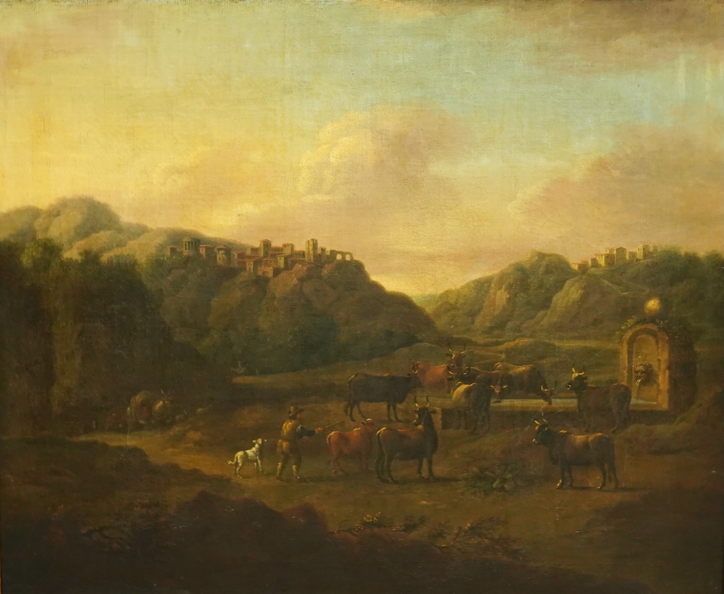 18th century Flemish School , Italianate landscape with cattle drover beside a fountain, oil on canvas, 62 x 75cm